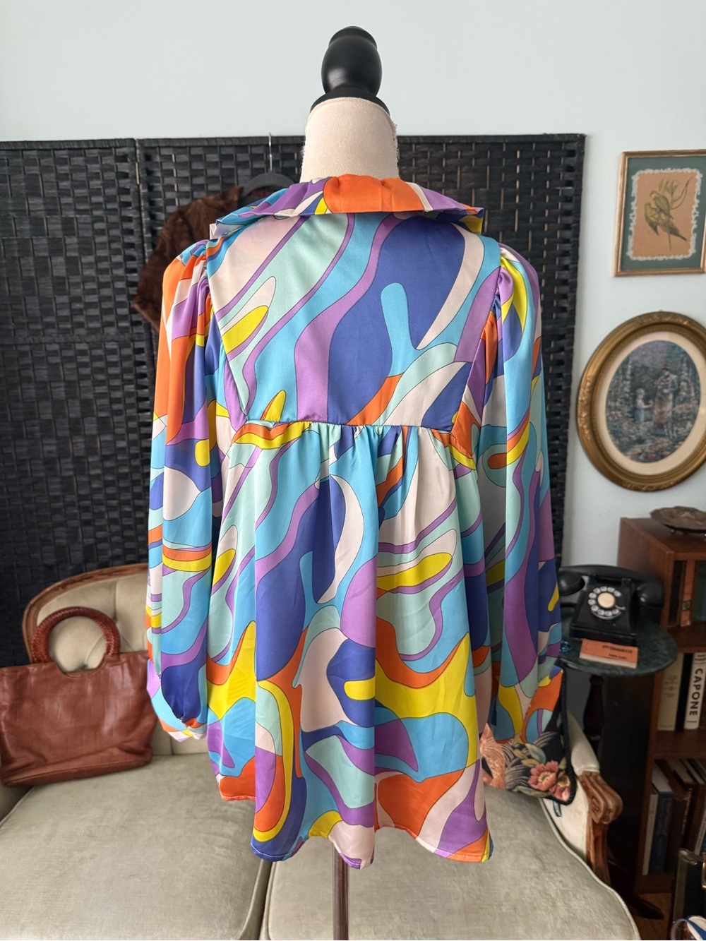 🌈✨ Adrienne Abstract Puff Sleeve Babydoll Blouse Retro Mod Small - Picture 8 of 12